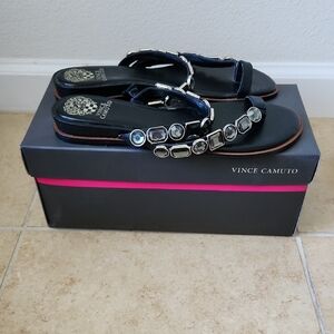 Vince Camuto Ambridil Leather Black Gem-Embellished Toe Loop Sandals Sz 9 NWT